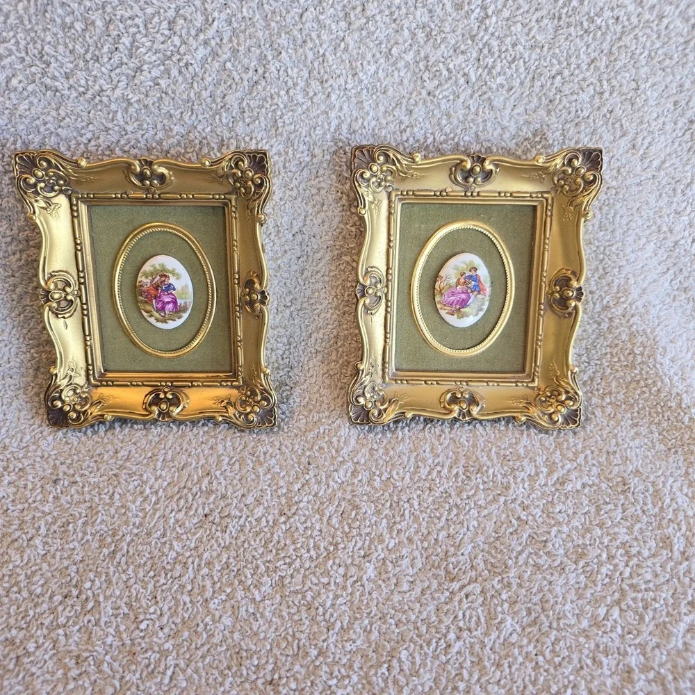 B & S Creations Cameo Courting Couple Ornate Gold-colored Framed Pictures Set 2